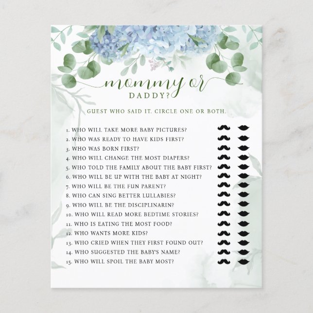 Greenery Blue hydrangea Mamma eller Baby Shower (Framsida)