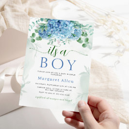 Greenery Blue hydrangea sin Boy Baby Shower Inbjudningar