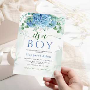 Greenery Blue hydrangea sin Boy Baby Shower Inbjudningar