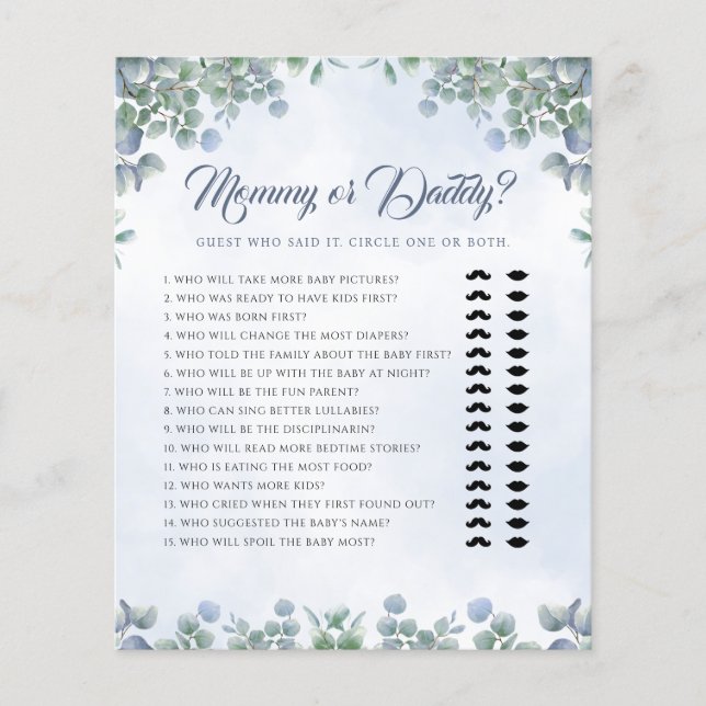 Greenery Blue Mamma eller Baby Shower Game (Framsida)