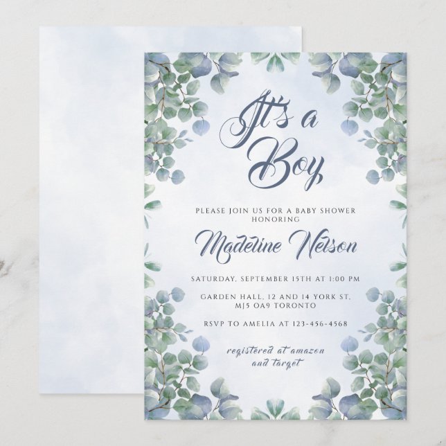 Greenery Blue Watercolor sin Boy Baby Shower Inbjudningar (Fram/baksida)