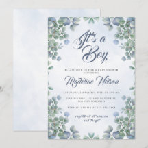 Greenery Blue Watercolor sin Boy Baby Shower