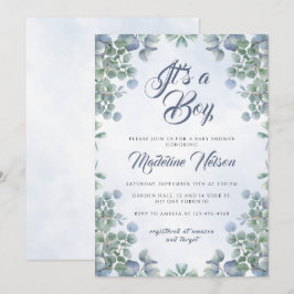 Greenery Blue Watercolor sin Boy Baby Shower Inbjudningar
