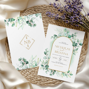 Greenery Boho Arch Eucalyptus Grönt Guld Bröllop Inbjudningar