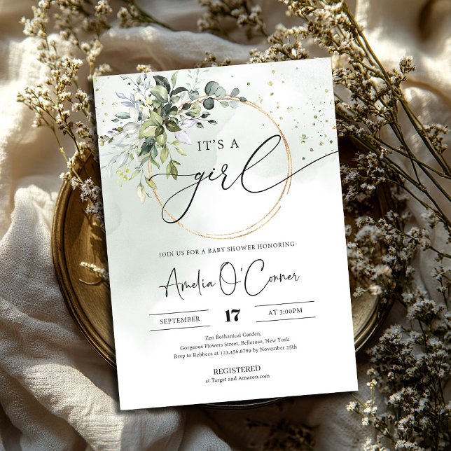 Greenery Boho Det är en inbjudan till en liten bab (Greenery Boho It's A Girl Baby Shower Invitation with modern callygraphy script font)