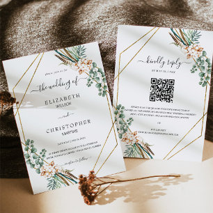 Greenery Boho Geometric Ram QR Code OSA Bröllop Inbjudningar