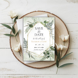 Greenery boho gold geometric watercolour save date inbjudningar