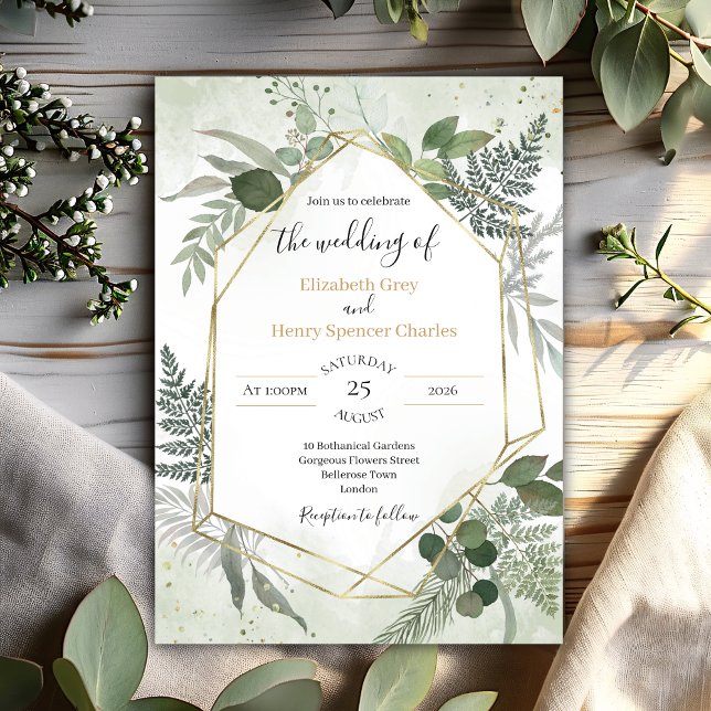 Greenery boho gold geometric watercolour wedding inbjudningar (Skapare uppladdad)