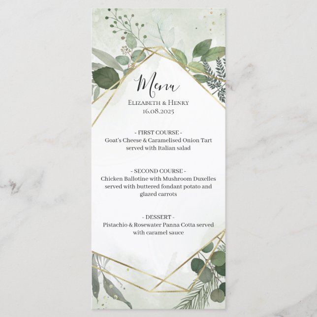 Greenery boho gold geometric watercolour wedding meny (Framsida)