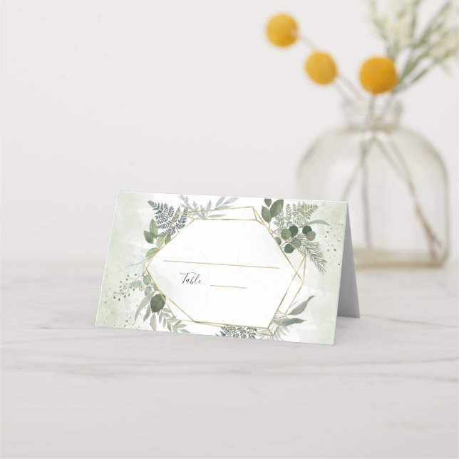 Greenery boho gold geometric watercolour wedding placeringskort (Framsida)