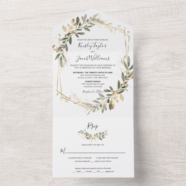Greenery Boho Sage och Guld Geometric Bröllop (Insida)