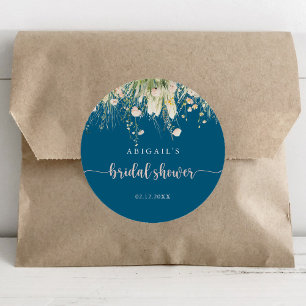 Greenery Boho Vildblomma Navy Bröllopsfavor Runt Klistermärke