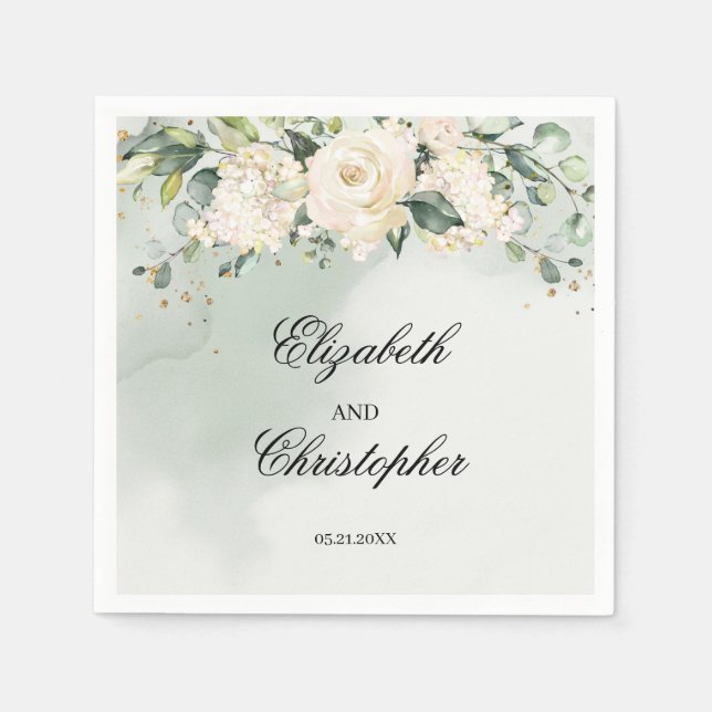 Greenery Boho White Blommigt Bröllop Napkins Guld Pappersservett (Framsidan)