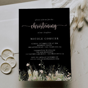 Greenery Boho WildblommBlack Christening Inbjudningar