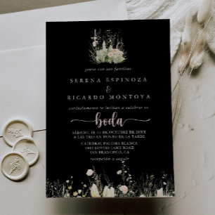 Greenery Boho WildblommBlack Spain Bröllop Inbjudningar