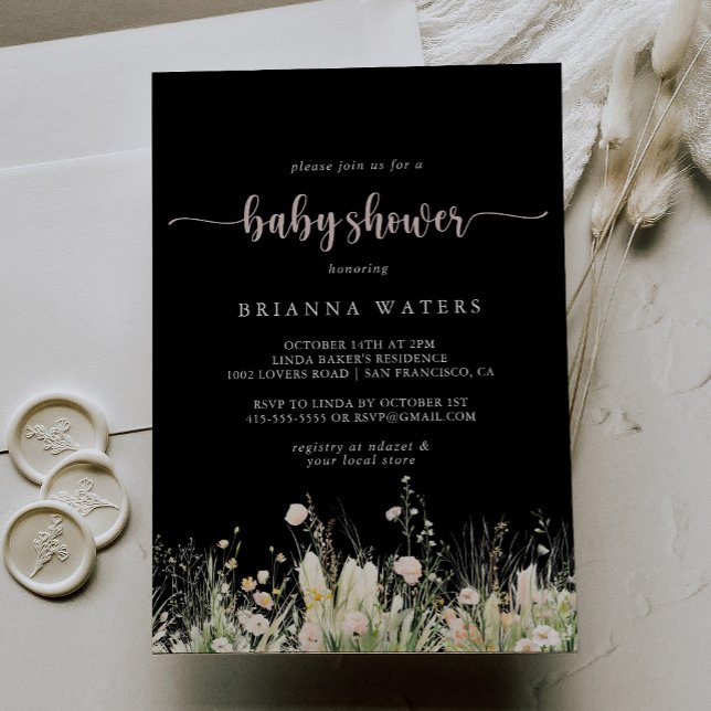 Greenery Boho Wildblomme Black Baby Shower Inbjudningar (Skapare uppladdad)