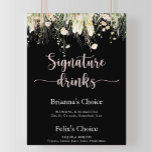Greenery Boho Wildblomsvart Namnteckning Drinks Poster<br><div class="desc">Den här poster marmelkantiga boho-namnteckning är perfekt för ett orustiskt bröllop. Utformningen har vattenfärgsrosa,  ,  gult och vita vilda blommor som ordnats i eleganter. Anpassa tecknet med namn på bruden och trippen och deras favoritdryckval.</div>