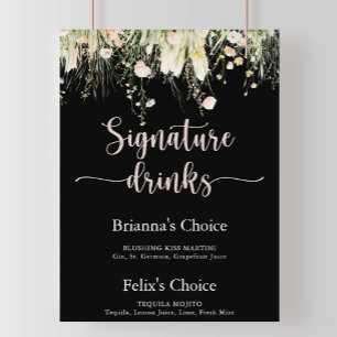 Greenery Boho Wildblomsvart Namnteckning Drinks Poster