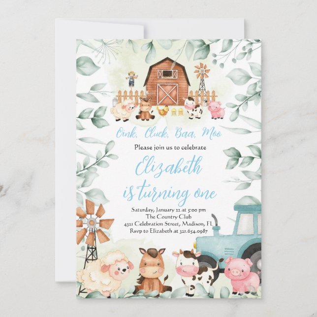 Greenery Boskap Barnyard Blue Boy Birthday Inbjudningar (Framsida)
