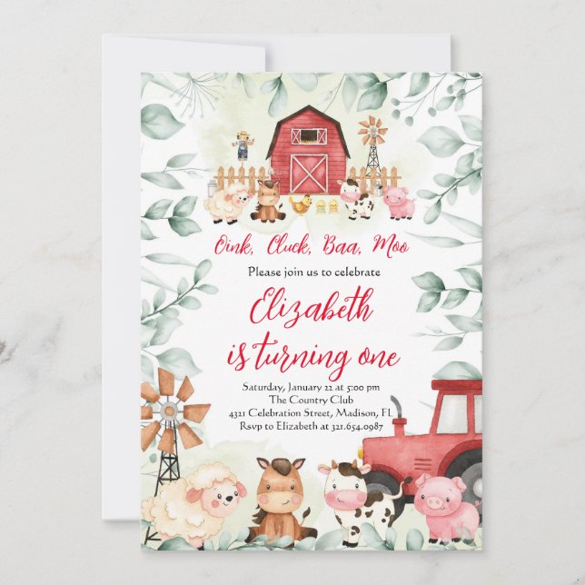 Greenery Boskap Barnyard Red Boy Birthday Inbjudningar (Framsida)