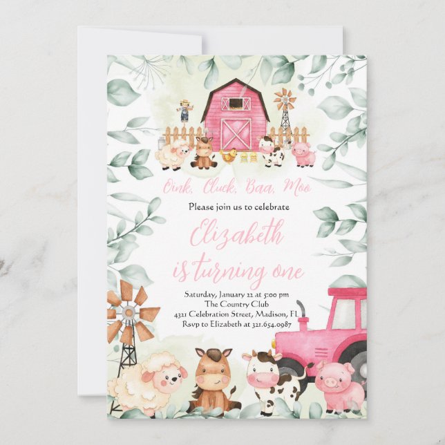 Greenery Boskap Barnyard Rosa Girl Birthday Inbjudningar (Framsida)