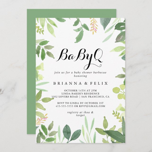 Greenery Botanical BabyQ Baby Shower Barbecue Inbjudningar (Fram/baksida)