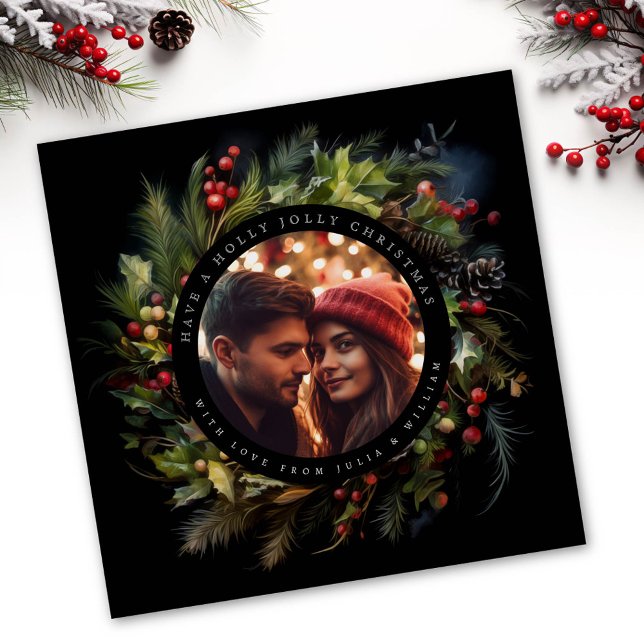 Greenery Botanical christmas fotosvart fyrkant Julkort (Skapare uppladdad)