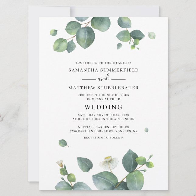 Greenery Botanical Eucalyptus Watercolor Bröllop Inbjudningar (Framsida)