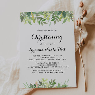 Greenery Botanical Foliage Calligraphy Christening Inbjudningar