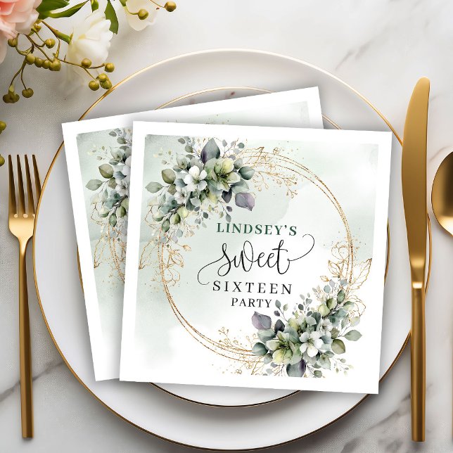 Greenery Botanical Gold Sweet 16 Födelsedagsservet Pappersservett (Greenery Botanical Gold Sweet 16 Birthday Napkins)