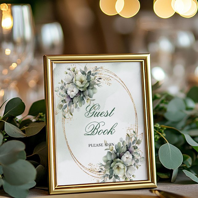 Greenery Botanical Guld Gästbok Bordsskylt Poster (Greenery Botanical Gold Guest Book Tabletop Sign)