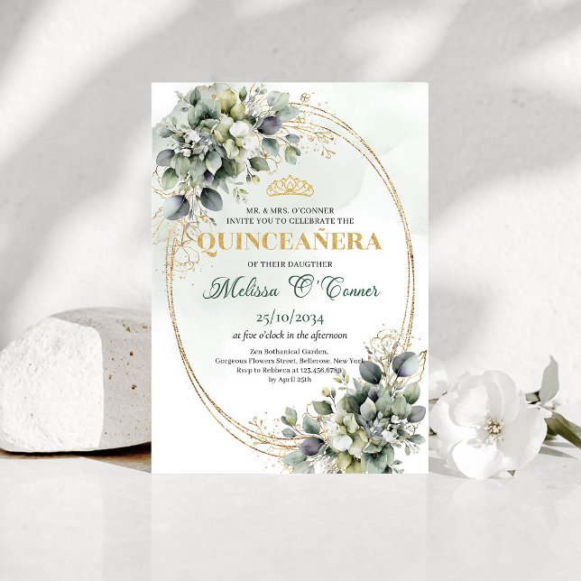 Greenery Botanical Guld Quinceanera Inbjudan (Greenery Botanical Gold Quinceanera Invite)