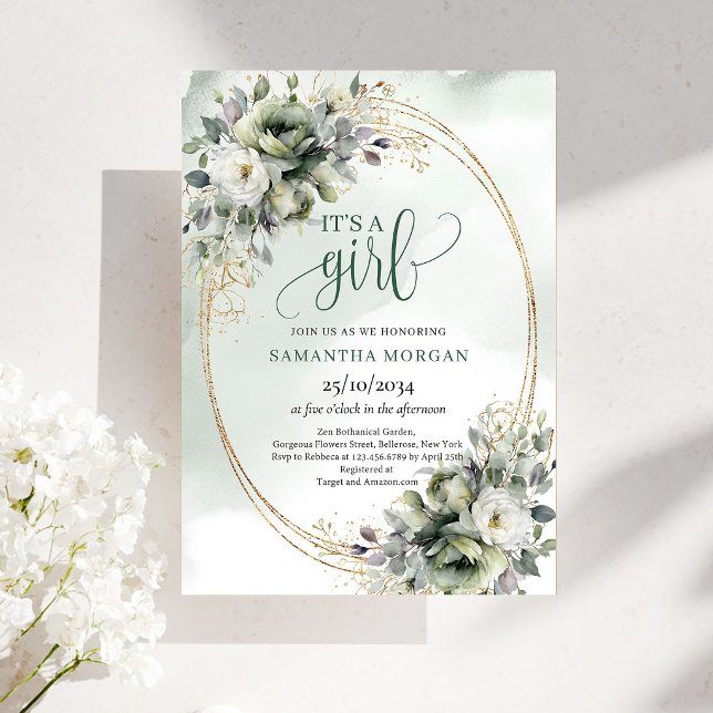 Greenery Botanical Guld Stil Det Är En Flicka Inbj Inbjudningar (Greenery Botanical Gold Style It’s A Girl Invitation)
