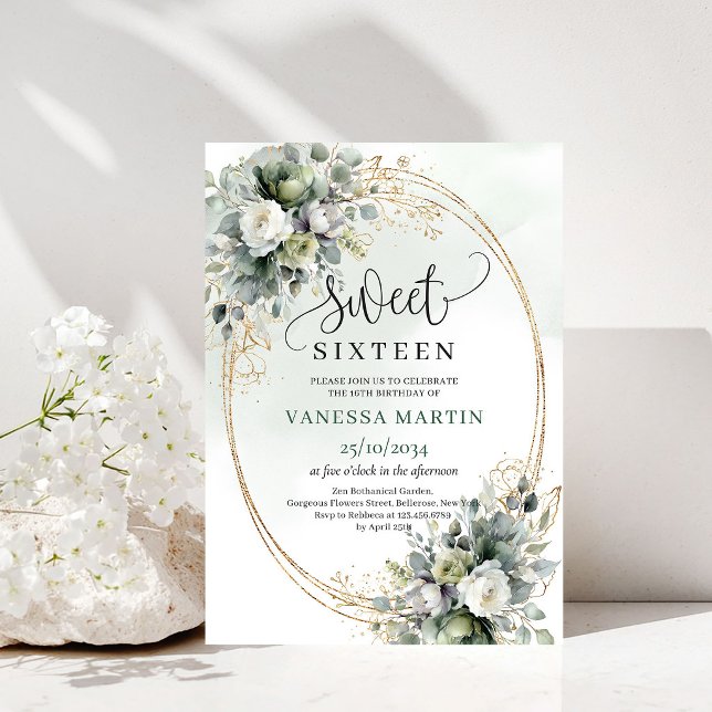 Greenery Botanisk Guld Sweet 16 Födelsedagsinbjuda Inbjudningar (Greenery Botanical Gold Sweet 16 Birthday Invitation)