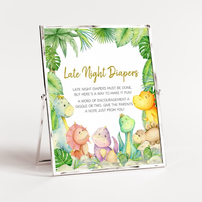 Greenery Boy Dinosaur Baby Late Night Diaper Poster (Rawr! It's a Boy Dino Baby Shower Late Night Diapers Sign)
