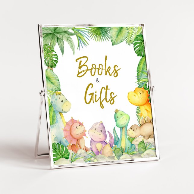 Greenery Boy Dinosaur Baby Shower Bokar and Gifts Poster (Rawr! It's a Boy Dino Baby Shower Books and Gifts Sign)