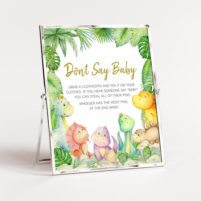 Greenery Boy Dinosaur Baby Shower Säg inte Baby Poster (Rawr! It's a Boy Dino Baby Shower Don't Say Baby Sign)
