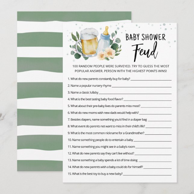 Greenery BreBaby Shower Feud Game Card Inbjudningar (Fram/baksida)