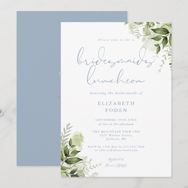 Greenery Bridesmaids Luncheon Dusty Blue Inbjudningar (Fram/baksida)
