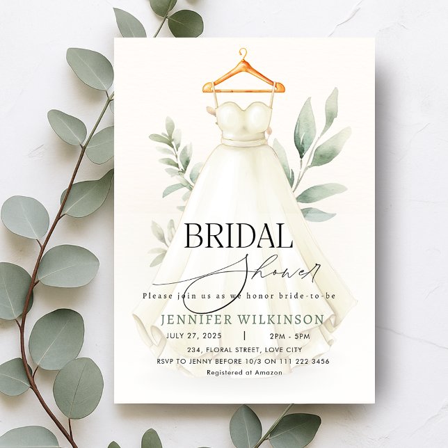 Greenery Bröllop Gown Dress Möhippa Inbjudningar (Greenery Wedding Gown Dress Bridal Shower Invitation)