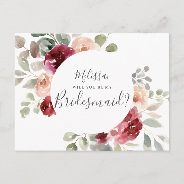 Greenery Burgundy kommer du att bli min bridesmaid Inbjudan Vykort (Framsida)