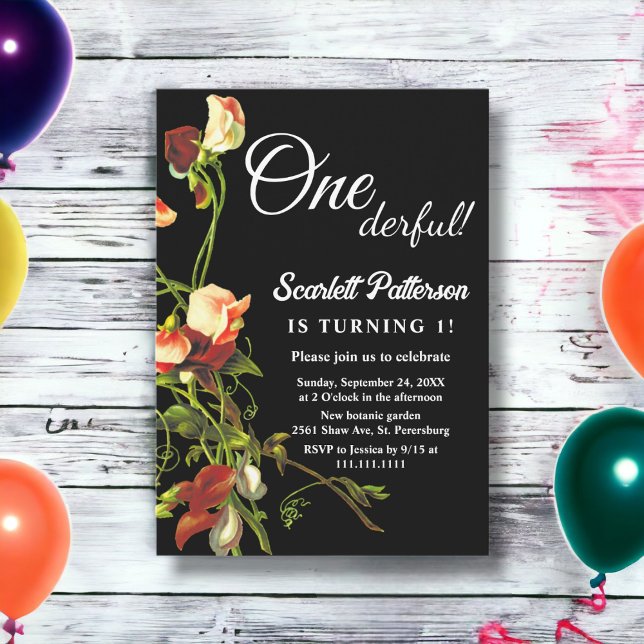 Greenery Burgundy Ro Black Blommigt 1:a födelsedag Inbjudningar (Skapare uppladdad)