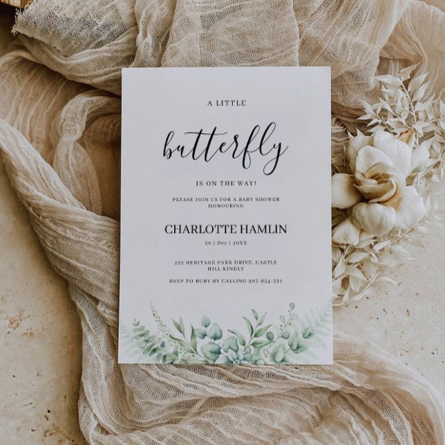 Greenery Butterfly Baby Shower-inbjudan, Inbjudningar (Greenery Butterfly Baby Shower Invitation, Invitation)