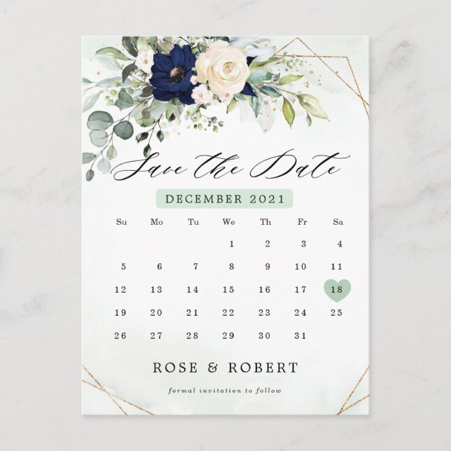 Greenery Calendar för marin  Blommigt Spara datum Vykort (Framsida)