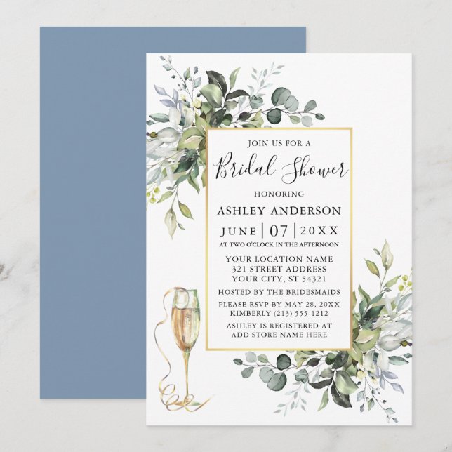 Greenery Champagne Glass Dusty Blue Shower Inbjudningar (Fram/baksida)