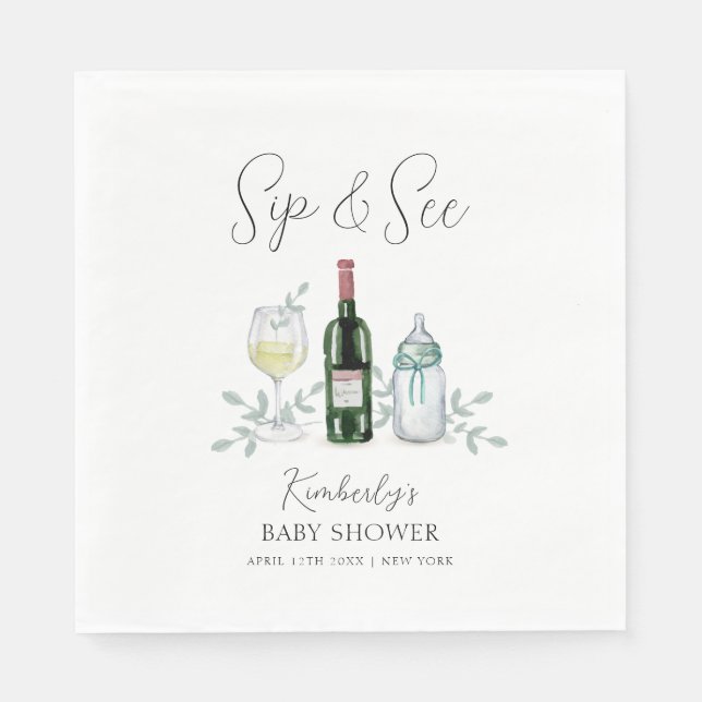 Greenery Champagne Sip & See Baby Shower Pappersservett (Framsidan)