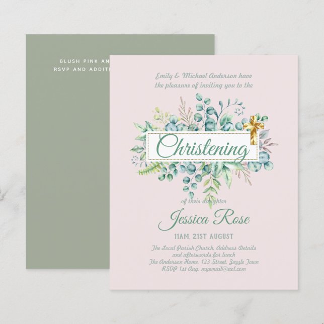 Greenery Christening Inbjudan Baptism Bautizo Leaf (Fram/baksida)