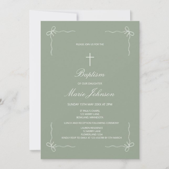 Greenery custom girl modern baptism invitation inbjudningar (Framsida)