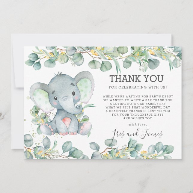 Greenery Cute Elephant Baby Shower Gender Neutral Tack Kort (Framsida)