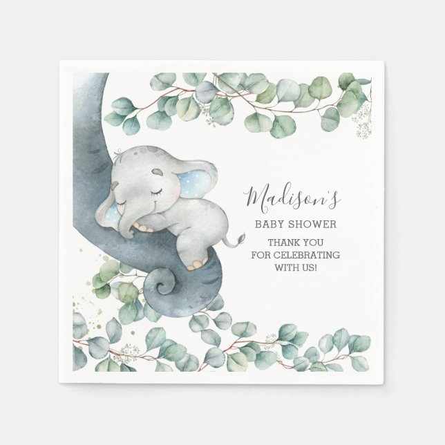 Greenery Cute Elephant Boy Shower Birthday Pappersservett (Framsidan)